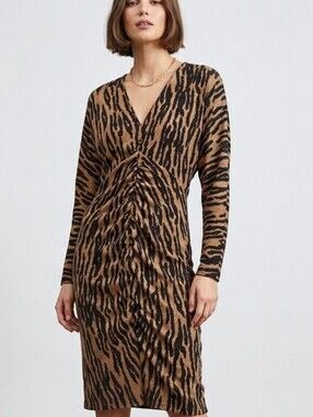 H&M Animal Print Brown V-Neck Long Sleeve Dress Sz XS